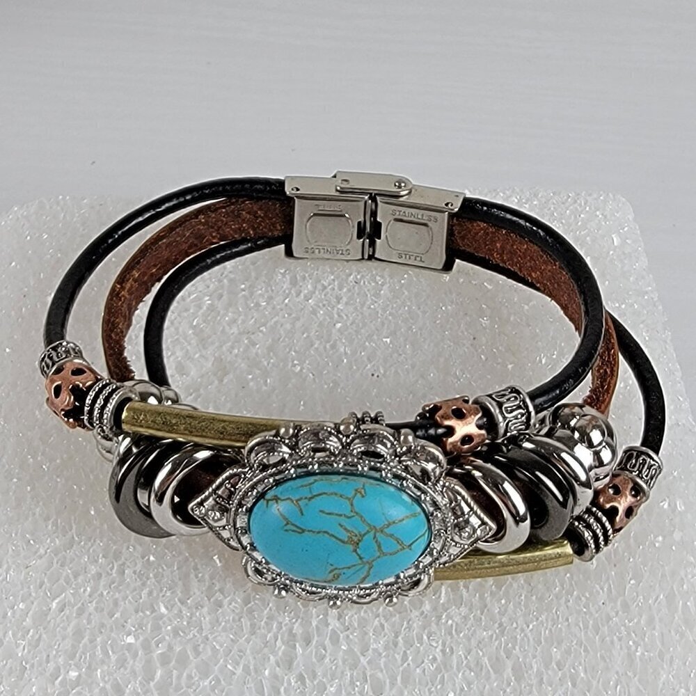 Turquoise Cabochon Leather Tri-Tone Metal Cuff Bracelet Stainless Steel Clasp 8"
